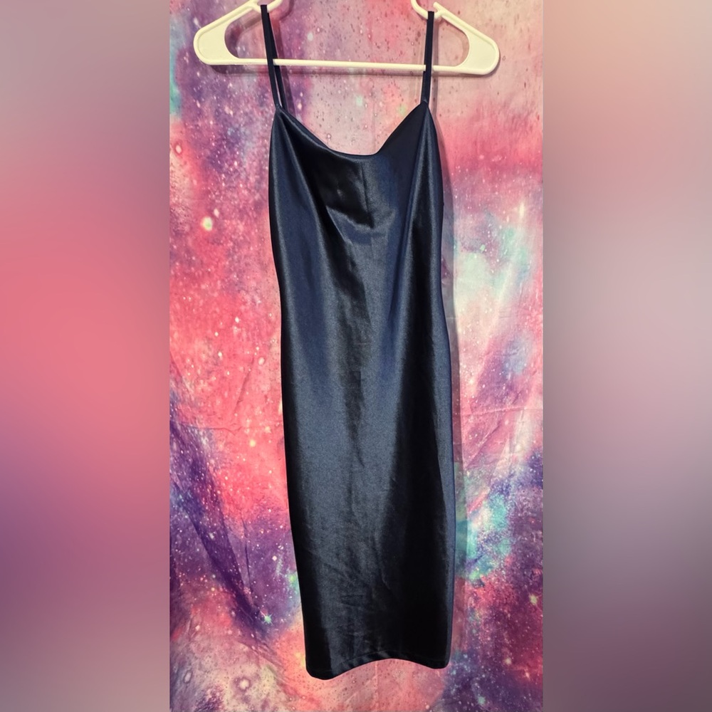 Elegant Navy Blue Satin Midi Dress